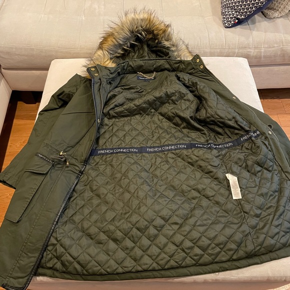 French connection szS pine green anorak w faux faux fur/leather trim - Picture 10 of 14